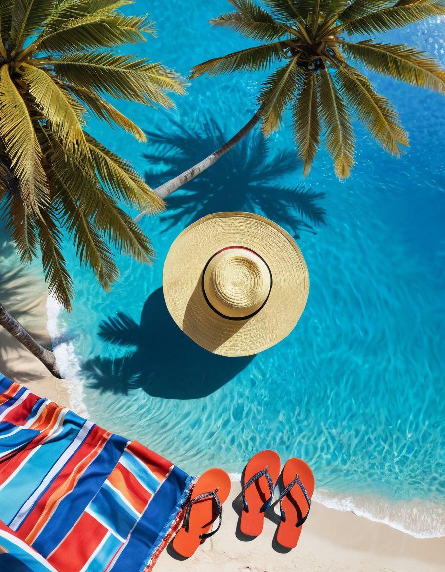 A vibrant beach scene featuring stylish swimwear laid out on a sun-kissed poolside, transitioning to a stunning shoreline with waves gently crashing. Include a fashionable sun hat, oversized sunglasses, and a colorful beach umbrella, with soft beach towels and flip-flops strategically placed. The background should have palm trees swaying in the breeze and a bright blue sky, conveying relaxation and elegance. super-realistic. vibrant colors. high detail.