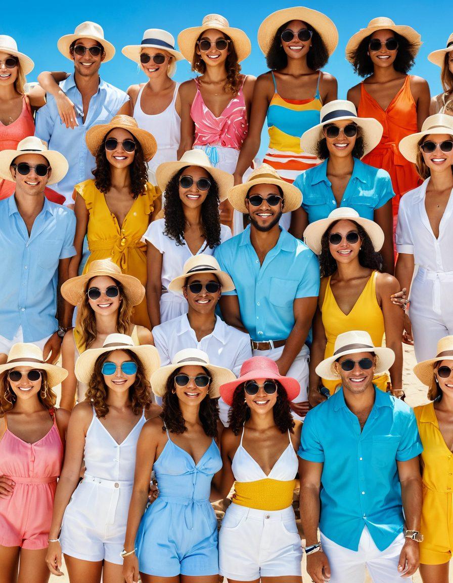 A vibrant summer scene featuring a diverse group of people wearing stylish, functional summer attire, enjoying a sunny day at a beach. Include fashionable wide-brimmed hats, sunglasses, and lightweight clothing, while showcasing accessories that provide sun protection. The background should depict a crystal-clear ocean and bright blue sky, adding to the cheerful atmosphere. Use bold colors and a fun, energetic vibe. colorful illustration. vibrant colors. sunny beach setting.